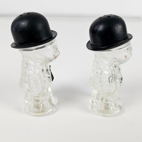 VTG pair glass salt & pepper shakers men in bowler hats painted details - Picture 4 of 4